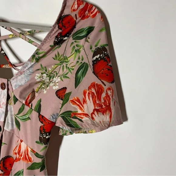 NEW PrettyLittleThing Beige Floral Print Criss Cross Button Bodycon Dress Size 2 - Picture 9 of 12